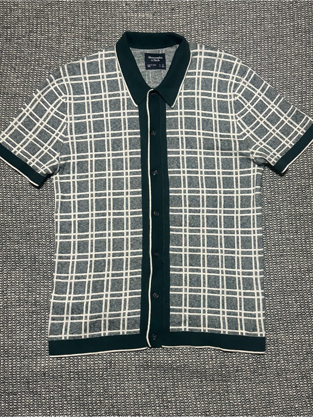 Abercrombie & Fitch Dark Green and White Grid Button-Front Cardigan Polo Shirt